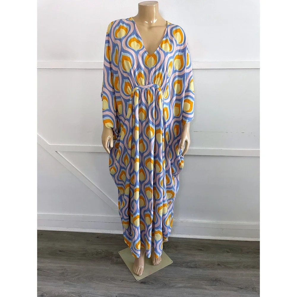 Free People Kaftan Maxi Dress Retro Geometric Print Blue Orange V-Neck OS